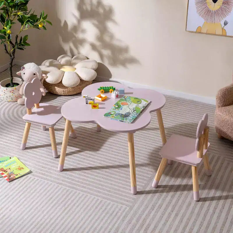 Ensemble table et 2 chaises pour enfants Costway en forme de fleur, pieds en bois de pin massif, rose/blanc