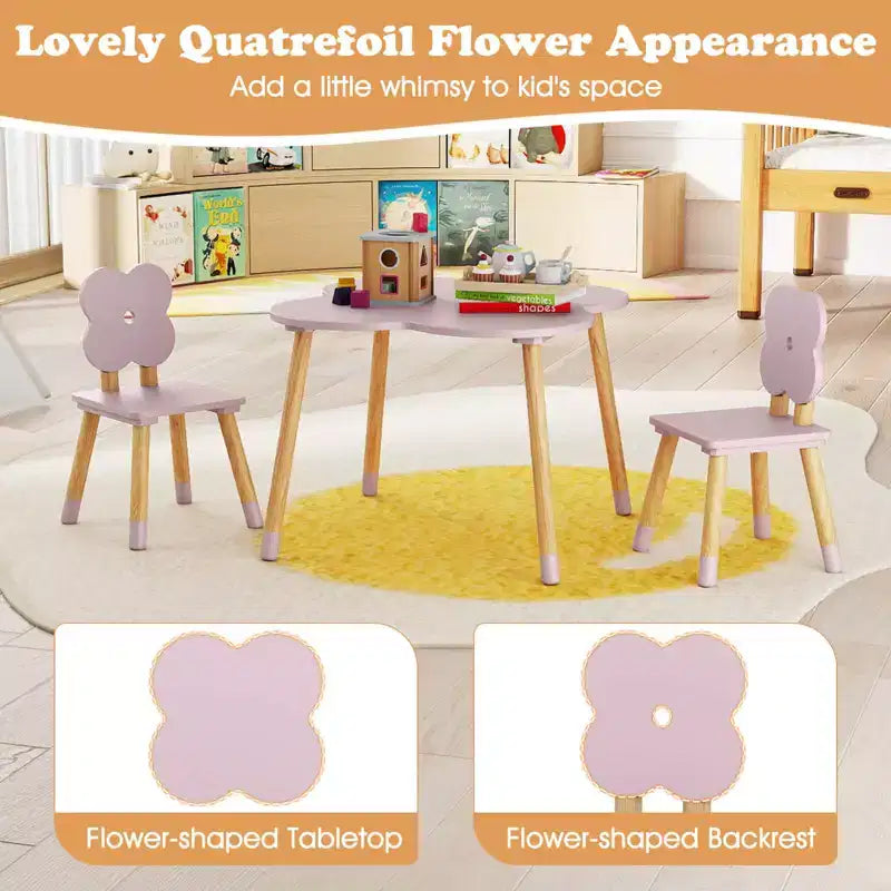 Ensemble table et 2 chaises pour enfants Costway en forme de fleur, pieds en bois de pin massif, rose/blanc
