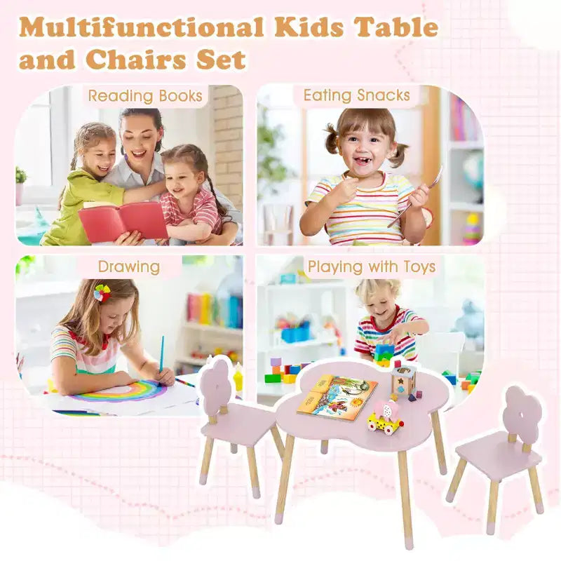 Ensemble table et 2 chaises pour enfants Costway en forme de fleur, pieds en bois de pin massif, rose/blanc