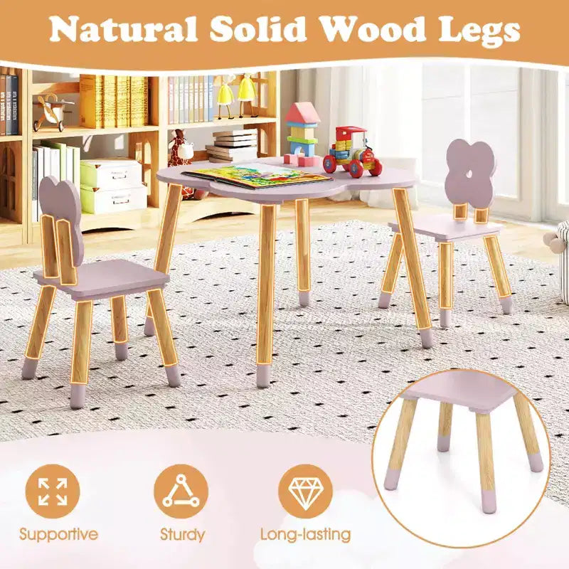 Ensemble table et 2 chaises pour enfants Costway en forme de fleur, pieds en bois de pin massif, rose/blanc