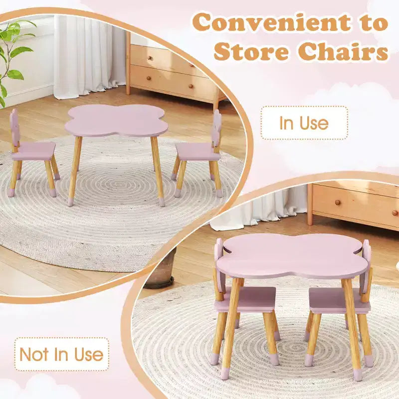 Ensemble table et 2 chaises pour enfants Costway en forme de fleur, pieds en bois de pin massif, rose/blanc