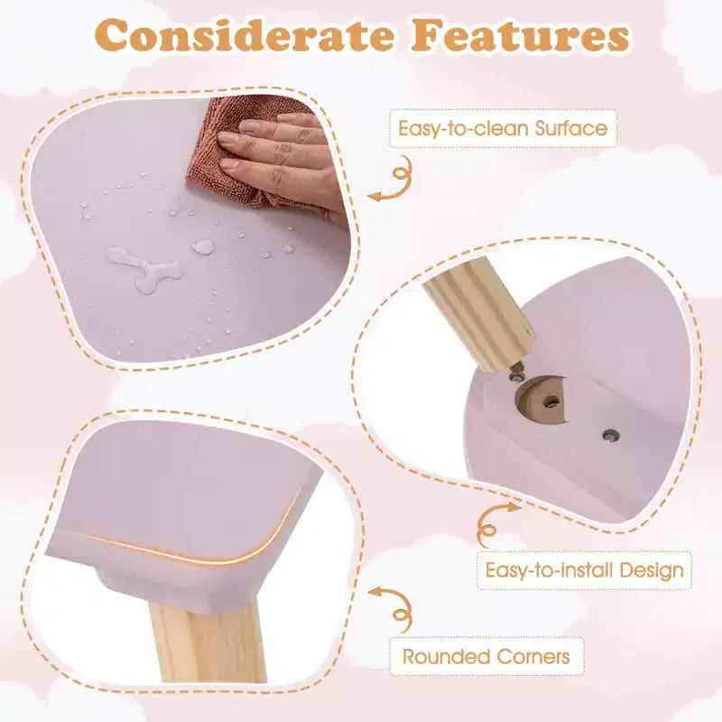 Ensemble table et 2 chaises pour enfants Costway en forme de fleur, pieds en bois de pin massif, rose/blanc