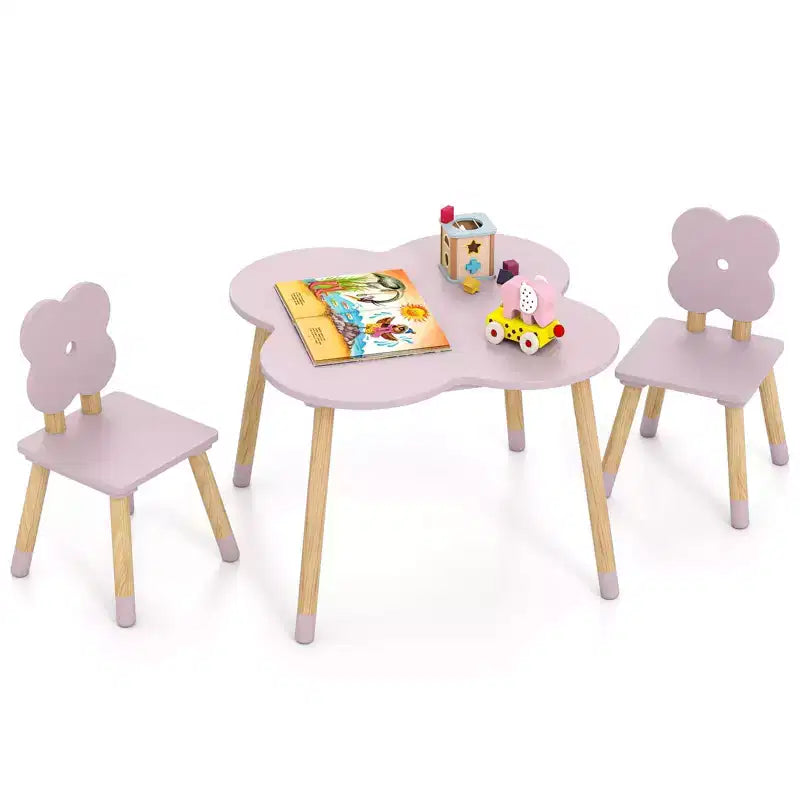Costway Flower-shaped Kids Table Set with 2 Child-sized Chairs Solid Pine Wood Legs Pink/White