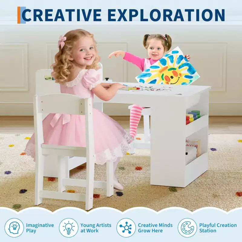 COZONY Table et Chaises pour Enfants, Bureau d'Activités en Bois avec Étagères de Rangement pour Tout-petits, Table d'Activités pour Enfants pour la Maison, la Salle de Classe, la Garderie