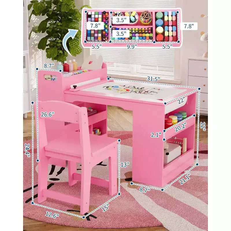 COZONY Table et Chaises pour Enfants, Bureau d'Activités en Bois avec Étagères de Rangement pour Tout-petits, Table d'Activités pour Enfants pour la Maison, la Salle de Classe, la Garderie