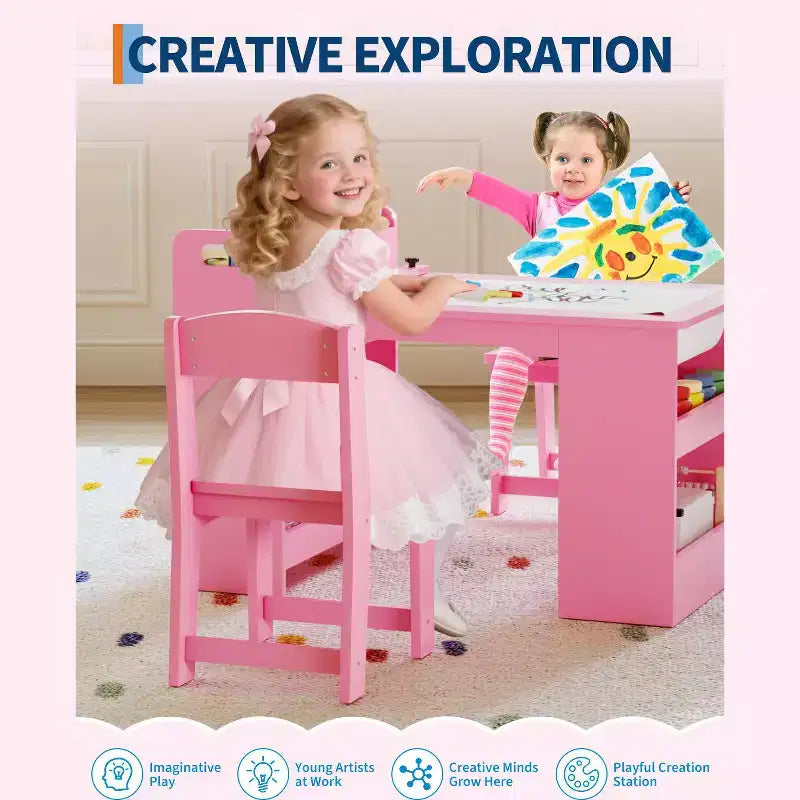COZONY Table et Chaises pour Enfants, Bureau d'Activités en Bois avec Étagères de Rangement pour Tout-petits, Table d'Activités pour Enfants pour la Maison, la Salle de Classe, la Garderie