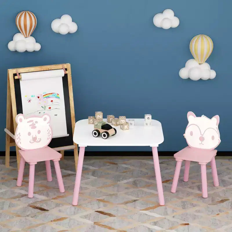 Whisen Kids Table and Chair Set, 3-Piece Wooden Toddler Desk with Animal Backrest - Pink & White