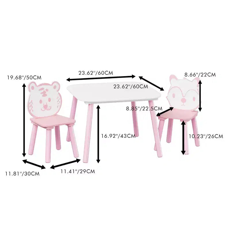 Ensemble Table et Chaises Whisen pour Enfants, Bureau 3 Pièces en Bois pour Tout-petits avec Dossier Animal - Rose et Blanc