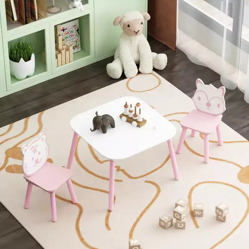 Ensemble Table et Chaises Whisen pour Enfants, Bureau 3 Pièces en Bois pour Tout-petits avec Dossier Animal - Rose et Blanc