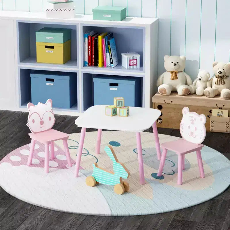 Ensemble Table et Chaises Whisen pour Enfants, Bureau 3 Pièces en Bois pour Tout-petits avec Dossier Animal - Rose et Blanc