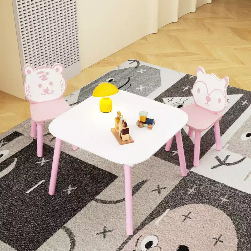 Ensemble Table et Chaises Whisen pour Enfants, Bureau 3 Pièces en Bois pour Tout-petits avec Dossier Animal - Rose et Blanc