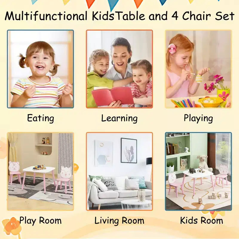 Ensemble Table et Chaises Whisen pour Enfants, Bureau 3 Pièces en Bois pour Tout-petits avec Dossier Animal - Rose et Blanc