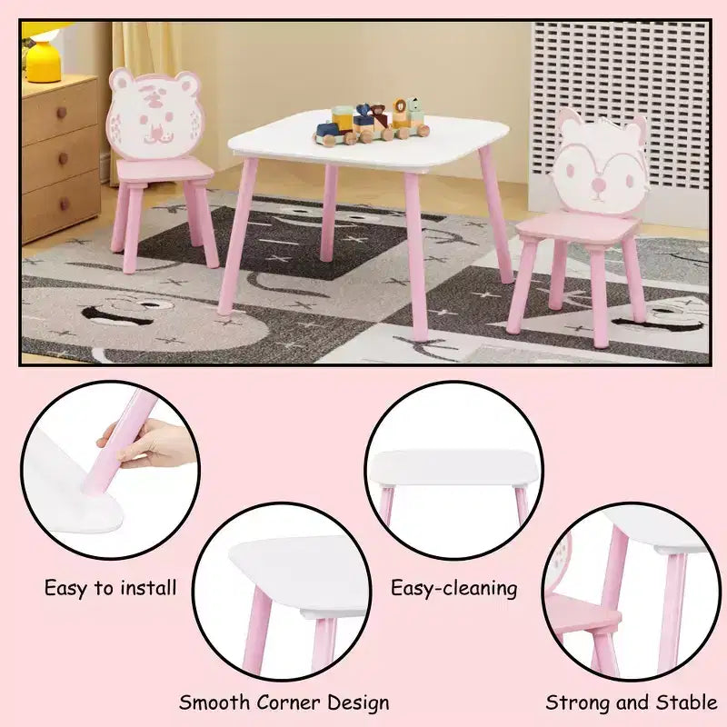 Ensemble Table et Chaises Whisen pour Enfants, Bureau 3 Pièces en Bois pour Tout-petits avec Dossier Animal - Rose et Blanc