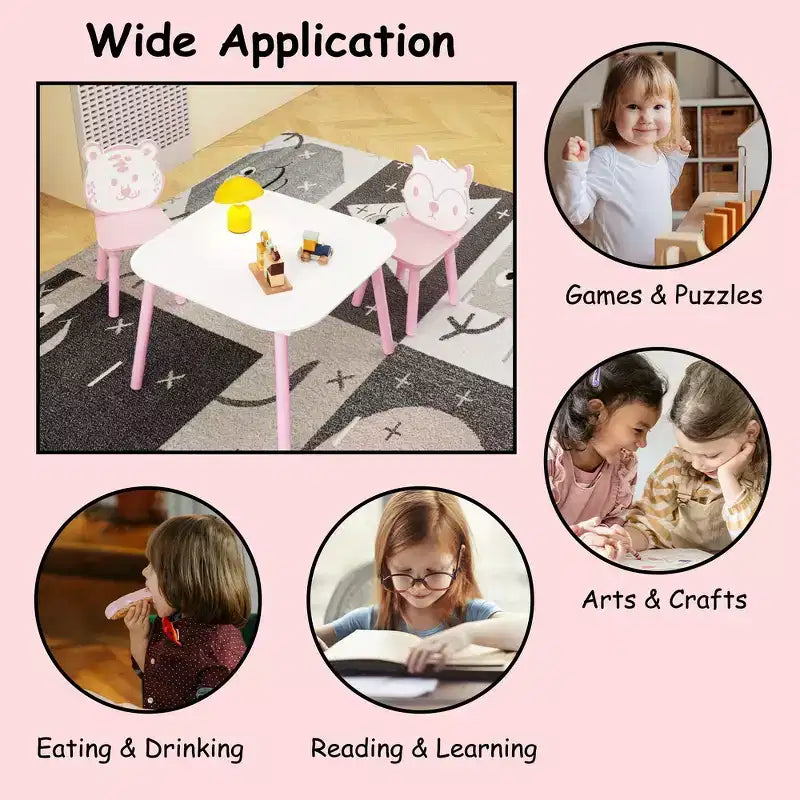 Ensemble Table et Chaises Whisen pour Enfants, Bureau 3 Pièces en Bois pour Tout-petits avec Dossier Animal - Rose et Blanc