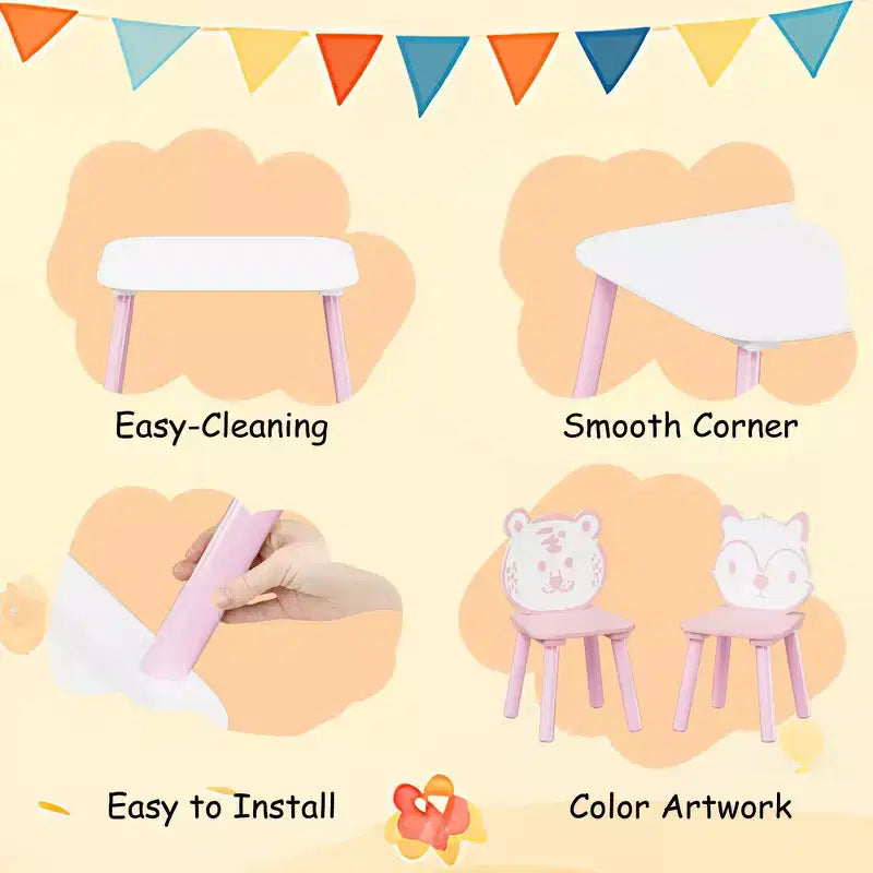 Ensemble Table et Chaises Whisen pour Enfants, Bureau 3 Pièces en Bois pour Tout-petits avec Dossier Animal - Rose et Blanc
