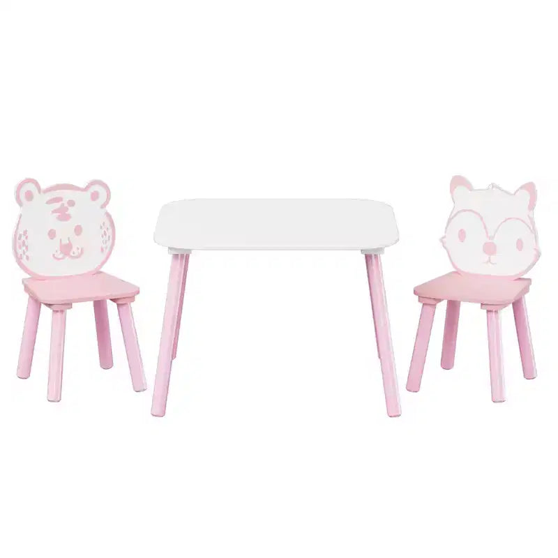 Ensemble Table et Chaises Whisen pour Enfants, Bureau 3 Pièces en Bois pour Tout-petits avec Dossier Animal - Rose et Blanc