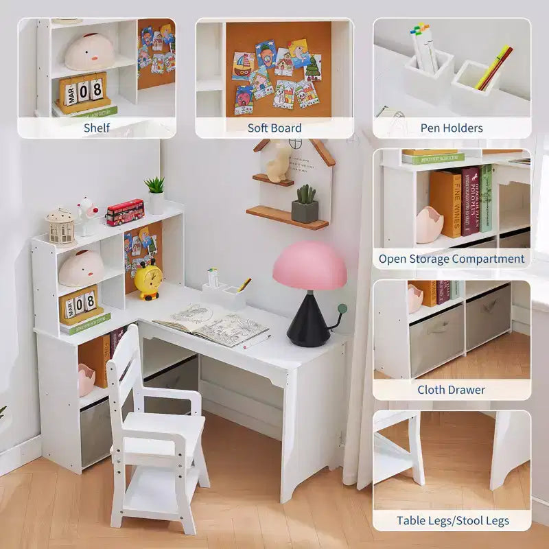 Ensemble table et chaises d'angle pour enfants, bureau d'étude pour enfants en forme de L, avec tableau d'affichage, bibliothèque ouverte, armoire de rangement et tiroir en tissu.