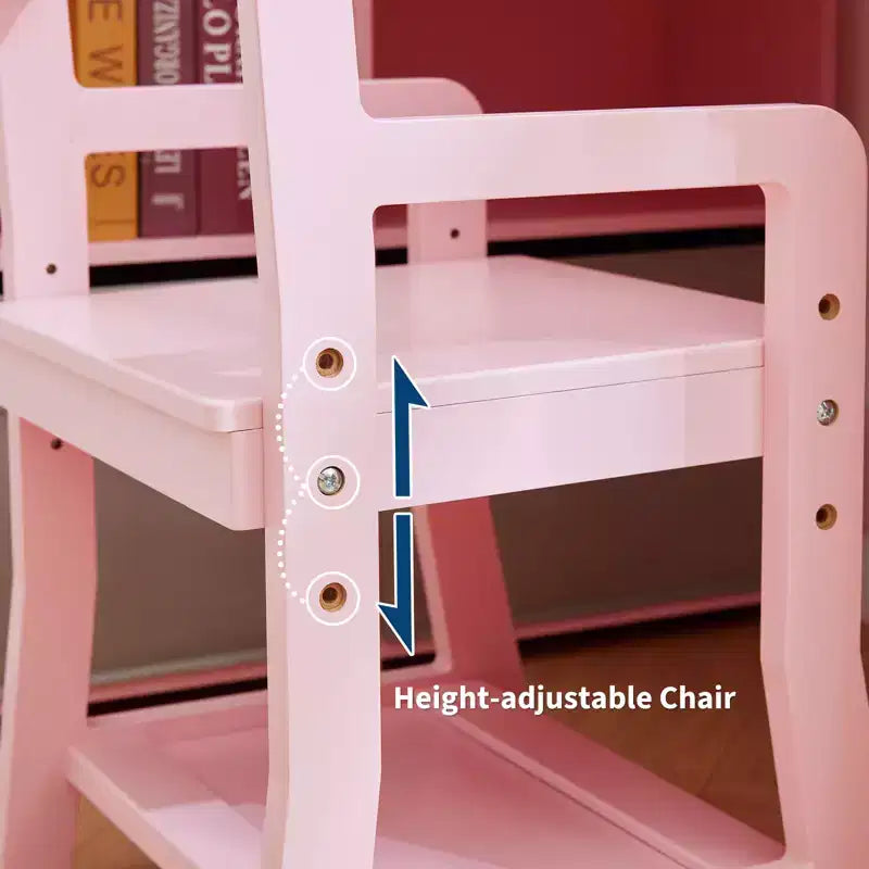 Ensemble table et chaises d'angle pour enfants, bureau d'étude pour enfants en forme de L, avec tableau d'affichage, bibliothèque ouverte, armoire de rangement et tiroir en tissu.