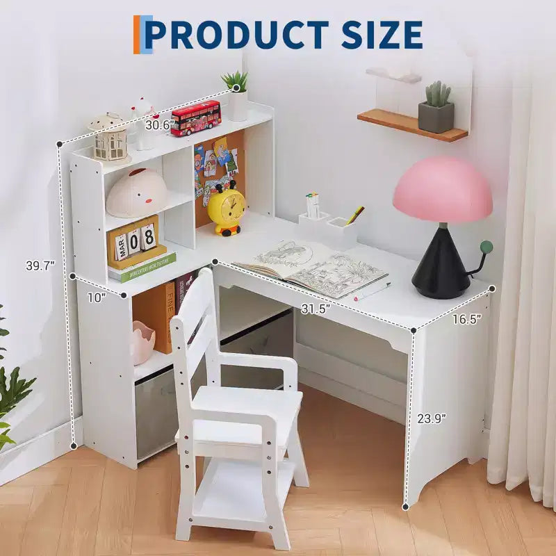 Ensemble table et chaises d'angle pour enfants, bureau d'étude pour enfants en forme de L, avec tableau d'affichage, bibliothèque ouverte, armoire de rangement et tiroir en tissu.