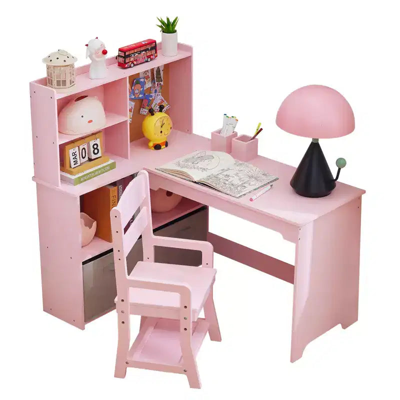Children's corner table and chair set, L-shaped children's study table, with bulletin board, open bookshelf, storage cabinet and fabric drawer.