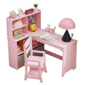 Children's corner table and chair set, L-shaped children's study table, with bulletin board, open bookshelf, storage cabinet and fabric drawer.