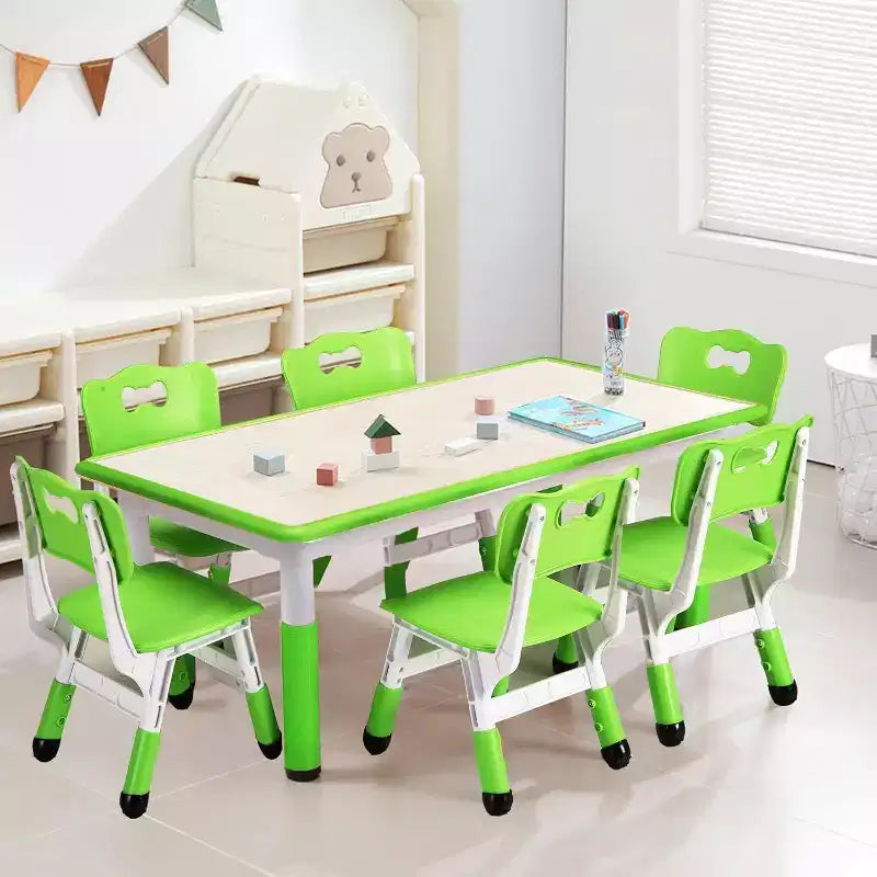 Kids Table and 6 Chairs Set, Height Adjustable Toddler Table and 6 Chair Set for Ages 2-10 for for Crafts and Study, Graffiti Desktop, Non-Slip Legs