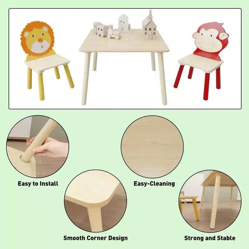 JVNOXK-Ensemble table et 2 chaises pour enfants, ensemble table et chaises pour tout-petits 3 pièces, ensemble table de jeu en bois (Lion&Singe)