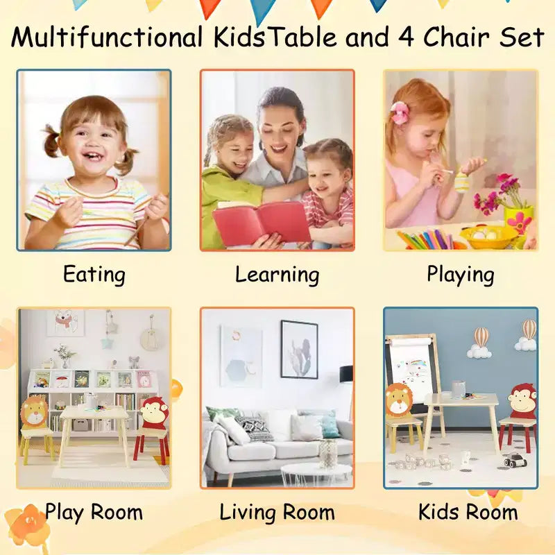 JVNOXK-Ensemble table et 2 chaises pour enfants, ensemble table et chaises pour tout-petits 3 pièces, ensemble table de jeu en bois (Lion&Singe)