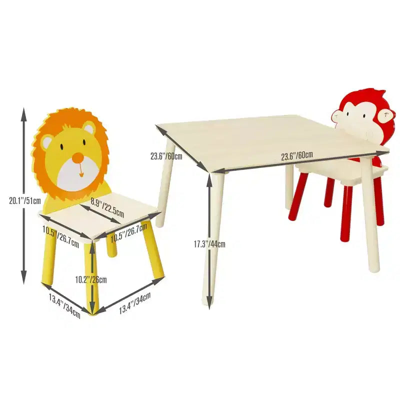JVNOXK-Ensemble table et 2 chaises pour enfants, ensemble table et chaises pour tout-petits 3 pièces, ensemble table de jeu en bois (Lion&Singe)