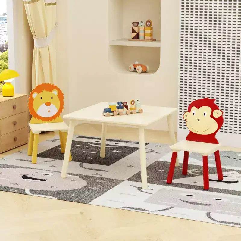 JVNOXK-Ensemble table et 2 chaises pour enfants, ensemble table et chaises pour tout-petits 3 pièces, ensemble table de jeu en bois (Lion&Singe)