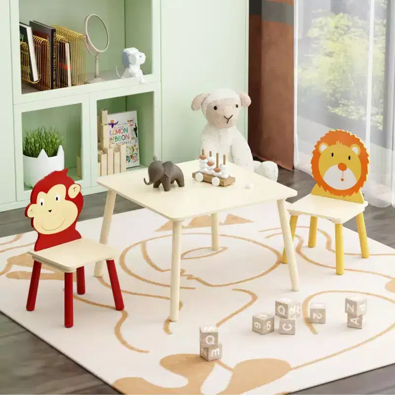 JVNOXK-Ensemble table et 2 chaises pour enfants, ensemble table et chaises pour tout-petits 3 pièces, ensemble table de jeu en bois (Lion&Singe)