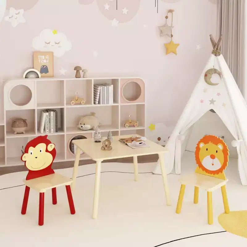 JVNOXK-Ensemble table et 2 chaises pour enfants, ensemble table et chaises pour tout-petits 3 pièces, ensemble table de jeu en bois (Lion&Singe)
