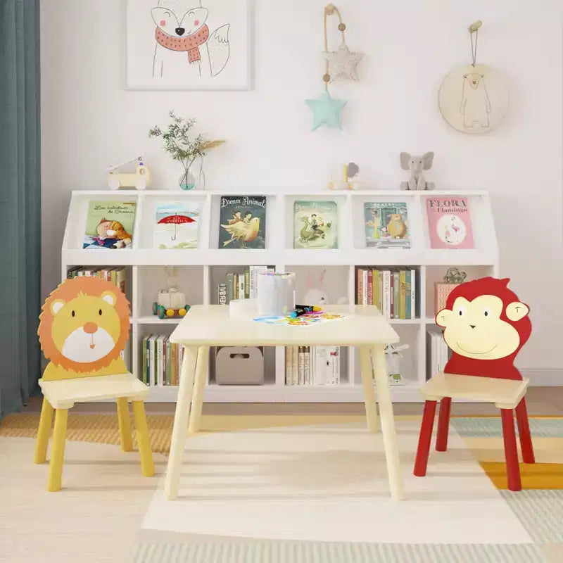 JVNOXK-Ensemble table et 2 chaises pour enfants, ensemble table et chaises pour tout-petits 3 pièces, ensemble table de jeu en bois (Lion&Singe)
