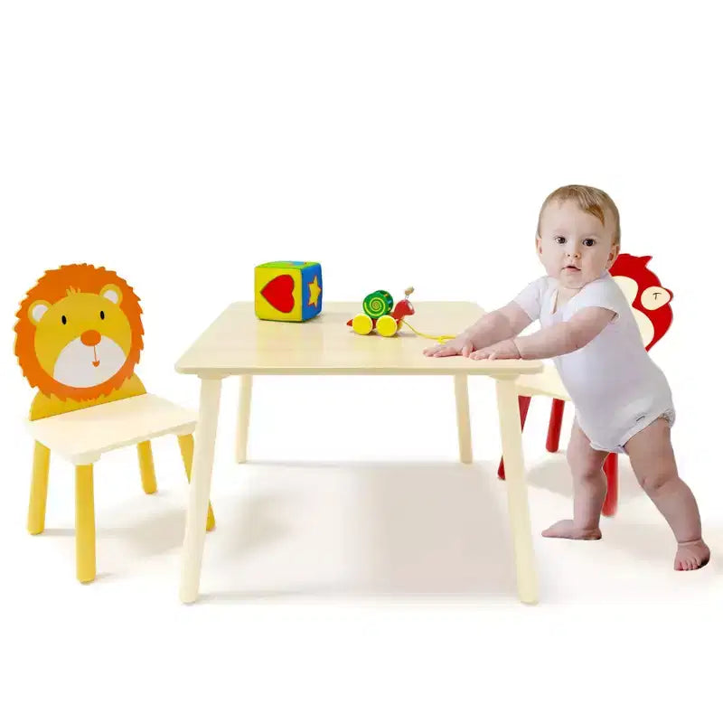 JVNOXK-Ensemble table et 2 chaises pour enfants, ensemble table et chaises pour tout-petits 3 pièces, ensemble table de jeu en bois (Lion&Singe)