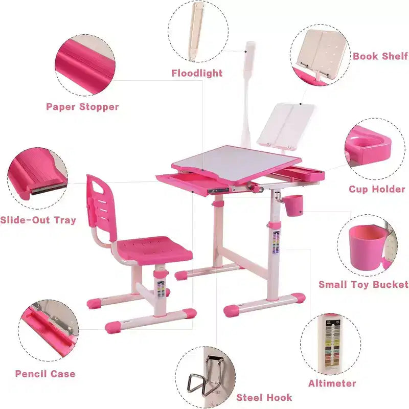 Bureau et chaise Whisen pour enfants, ensemble de table à dessin avec hauteur réglable, bureau pour enfants inclinable à 40 degrés