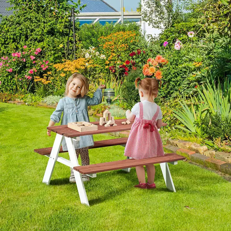 Whisen Kids Picnic Table Set, Wooden Table & Bench Set, Gift for Kids Aged 3-8 Years Old - Brown