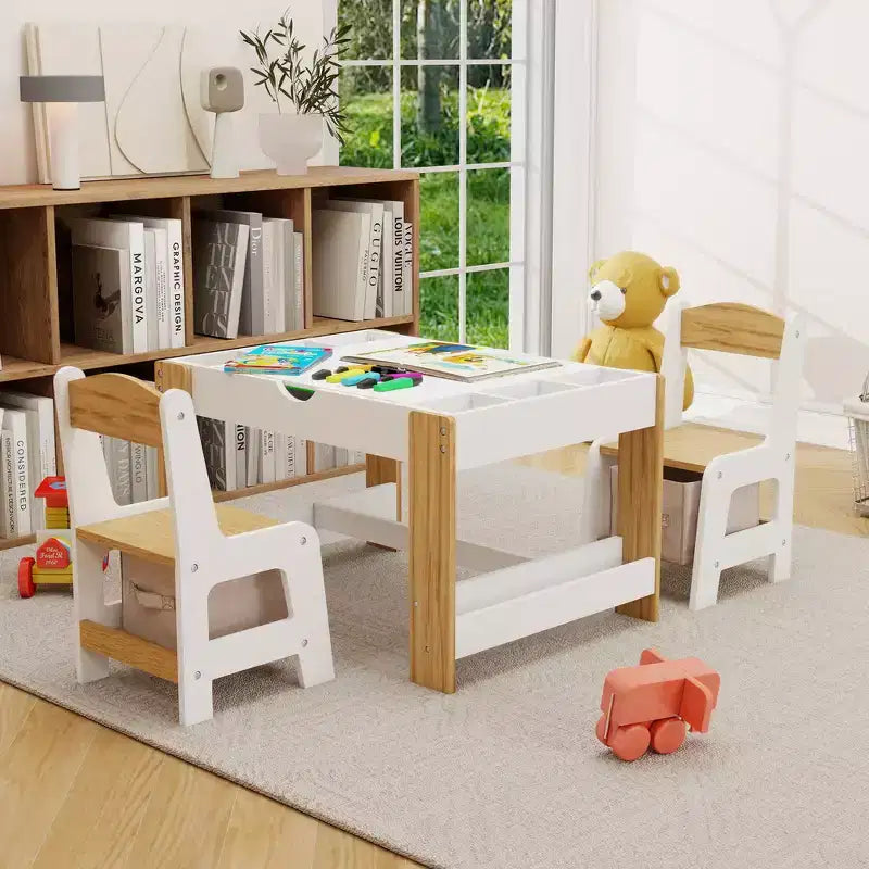 Whisen Kids 2 in 1 Play Table & 2 Chairs Set, with 7 Storage Compartments, Compatible with LEGO Building Block - White & Green