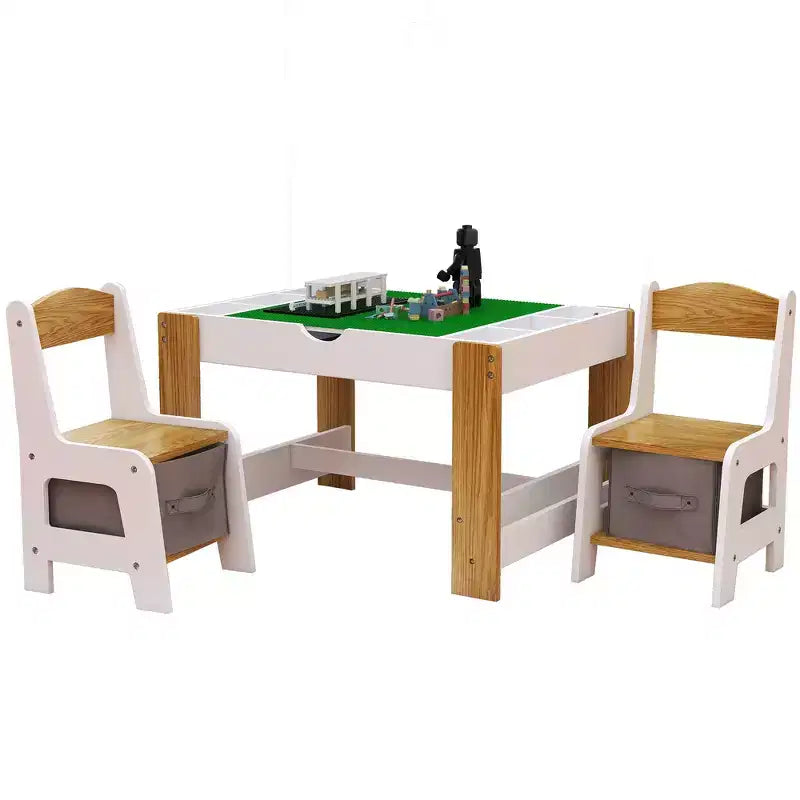 Ensemble de table de jeu 2-en-1 et 2 chaises Whisen Kids, avec 7 compartiments de rangement, compatible avec les blocs de construction LEGO - Blanc et vert