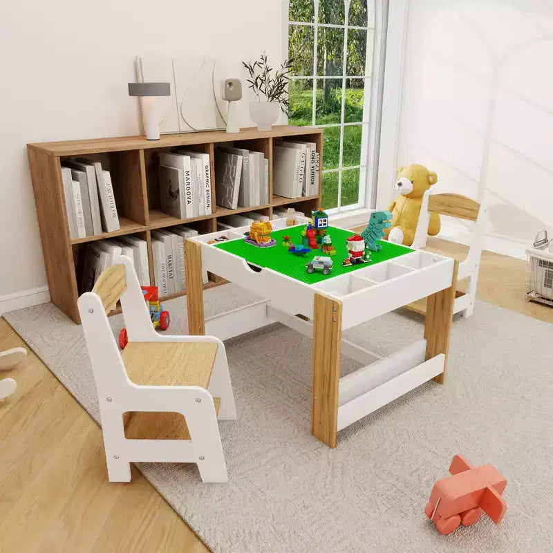 Ensemble de table de jeu 2-en-1 et 2 chaises Whisen Kids, avec 7 compartiments de rangement, compatible avec les blocs de construction LEGO - Blanc et vert