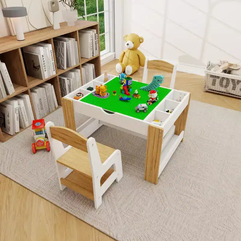 Ensemble de table de jeu 2-en-1 et 2 chaises Whisen Kids, avec 7 compartiments de rangement, compatible avec les blocs de construction LEGO - Blanc et vert
