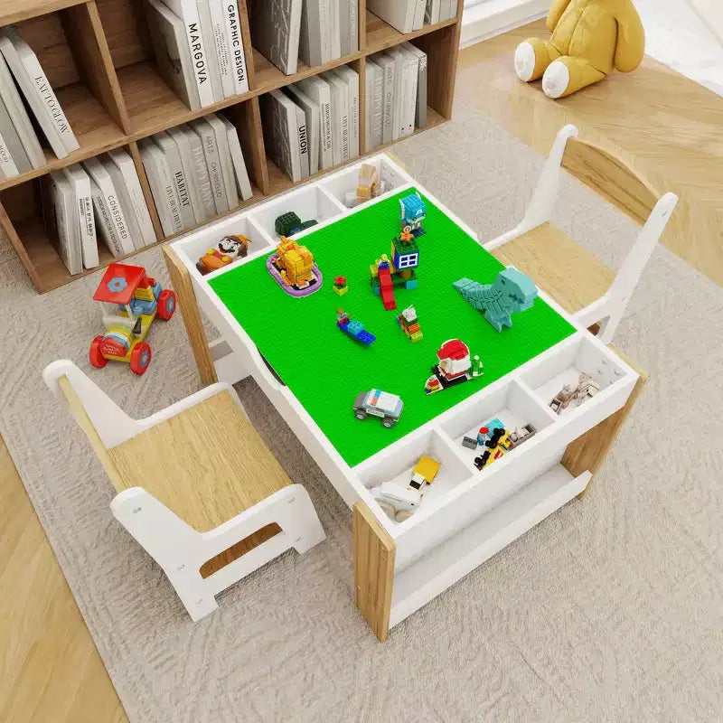 Ensemble de table de jeu 2-en-1 et 2 chaises Whisen Kids, avec 7 compartiments de rangement, compatible avec les blocs de construction LEGO - Blanc et vert