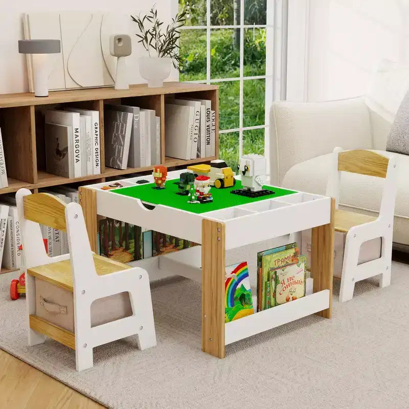 Ensemble de table de jeu 2-en-1 et 2 chaises Whisen Kids, avec 7 compartiments de rangement, compatible avec les blocs de construction LEGO - Blanc et vert
