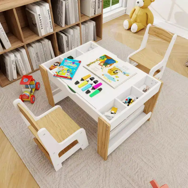 Ensemble de table de jeu 2-en-1 et 2 chaises Whisen Kids, avec 7 compartiments de rangement, compatible avec les blocs de construction LEGO - Blanc et vert