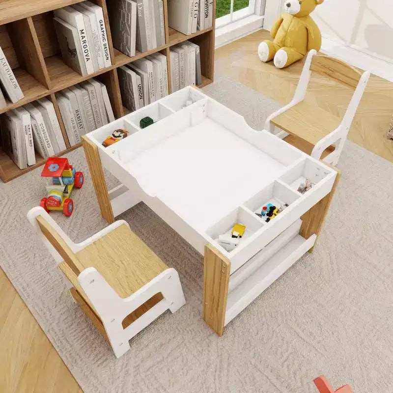 Ensemble de table de jeu 2-en-1 et 2 chaises Whisen Kids, avec 7 compartiments de rangement, compatible avec les blocs de construction LEGO - Blanc et vert