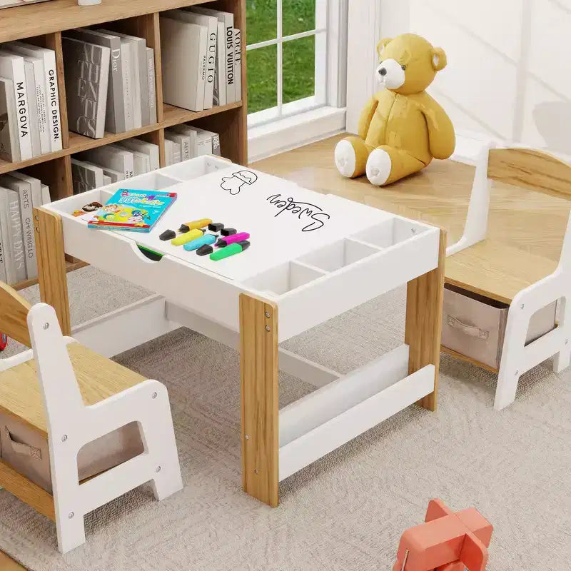 Ensemble de table de jeu 2-en-1 et 2 chaises Whisen Kids, avec 7 compartiments de rangement, compatible avec les blocs de construction LEGO - Blanc et vert