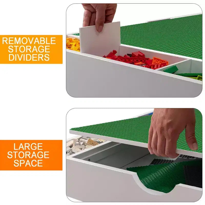 Ensemble de table de jeu 2-en-1 et 2 chaises Whisen Kids, avec 7 compartiments de rangement, compatible avec les blocs de construction LEGO - Blanc et vert