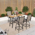 Captiva Designs 5pc Patio Slat-top Rectangle Wood-look Finished Metal Bar Table & Sling Swivel Bar Stools