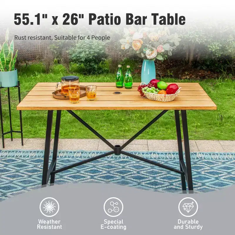 Captiva Designs Ensemble de bar 5 pièces comprenant une table de bar rectangulaire en métal finition aspect bois et des tabourets de bar pivotants en textilène.