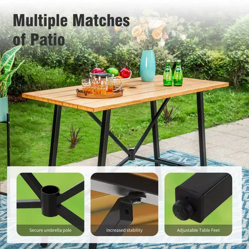 Captiva Designs Ensemble de bar 5 pièces comprenant une table de bar rectangulaire en métal finition aspect bois et des tabourets de bar pivotants en textilène.