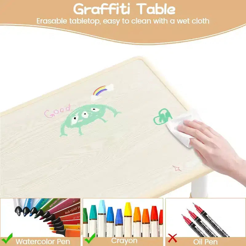 Ensemble table et chaises pour enfants réglable en hauteur avec rangement, bureau d'activités pour tout-petits avec plateau de table graffiti et pieds antidérapants pour le dessin et l'apprentissage